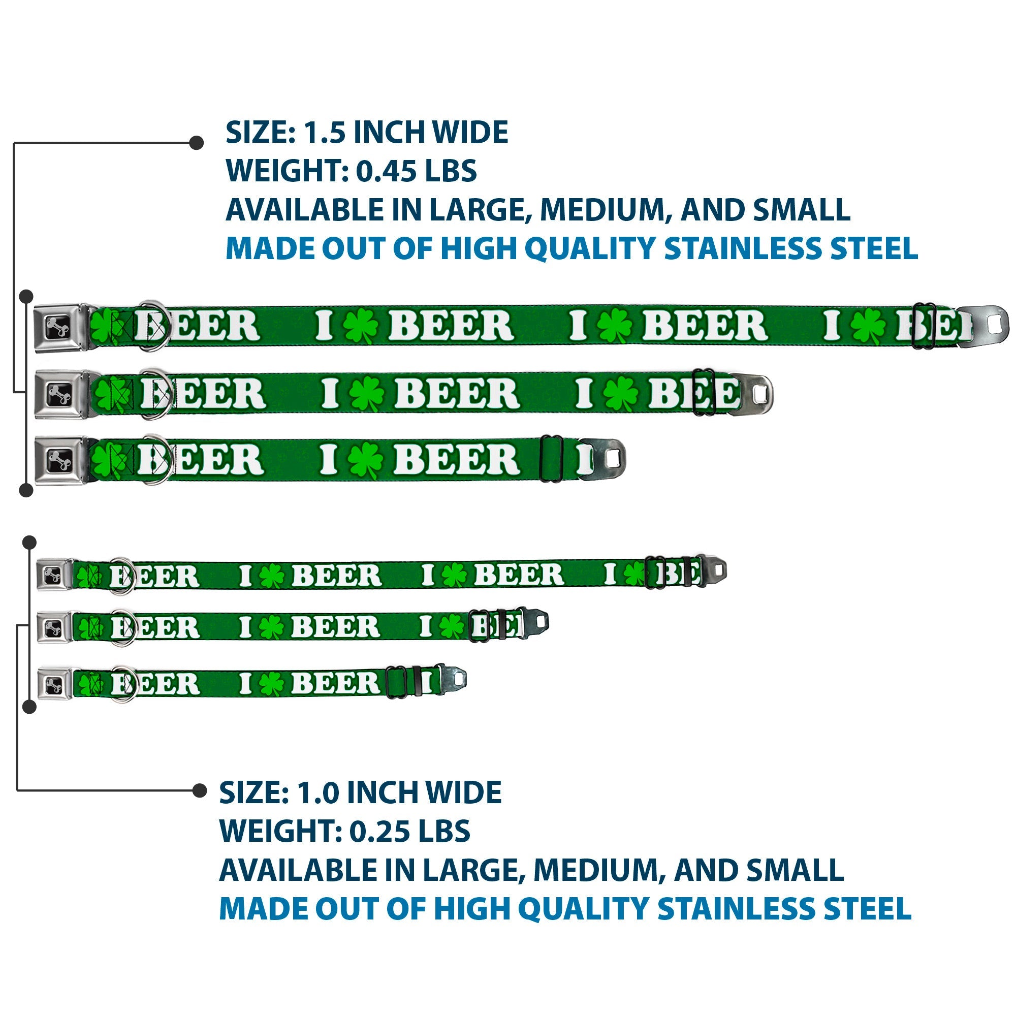 Buckle-Down Seatbelt Buckle Dog Collar - I "Clover" BEER/Clover Outlines Greens/White
