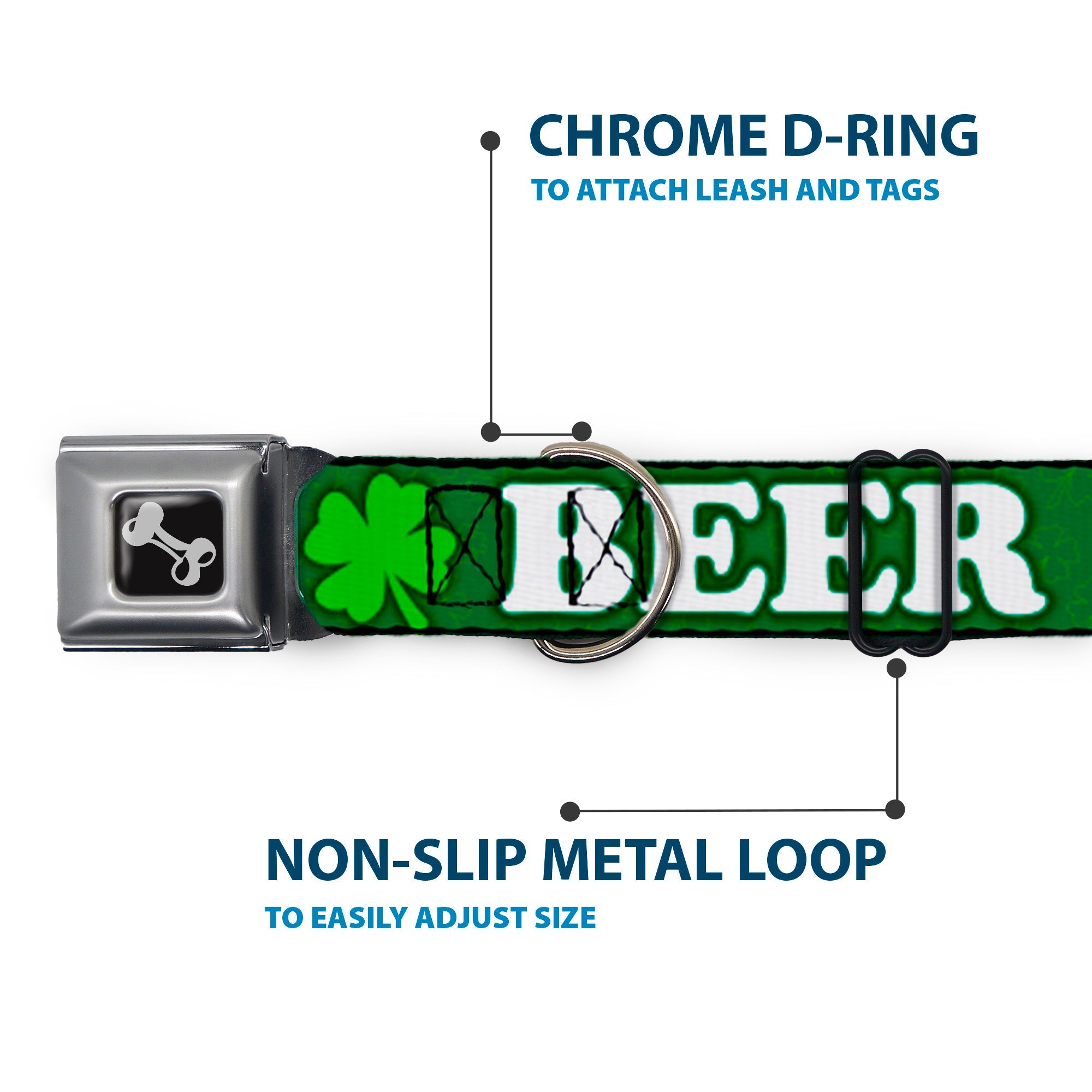 Buckle-Down Seatbelt Buckle Dog Collar - I "Clover" BEER/Clover Outlines Greens/White