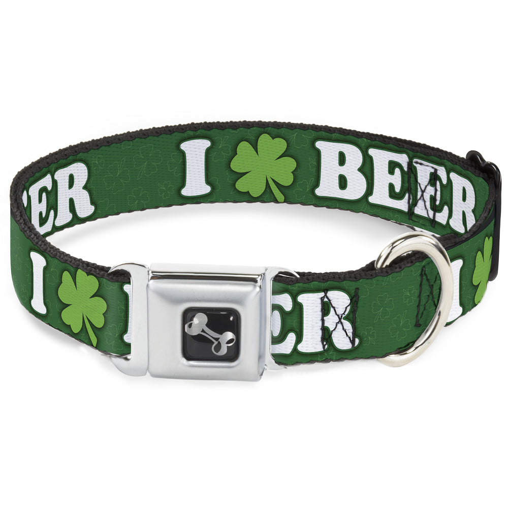 Buckle-Down Seatbelt Buckle Dog Collar - I "Clover" BEER/Clover Outlines Greens/White