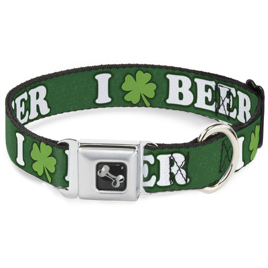 Buckle-Down Seatbelt Buckle Dog Collar - I "Clover" BEER/Clover Outlines Greens/White