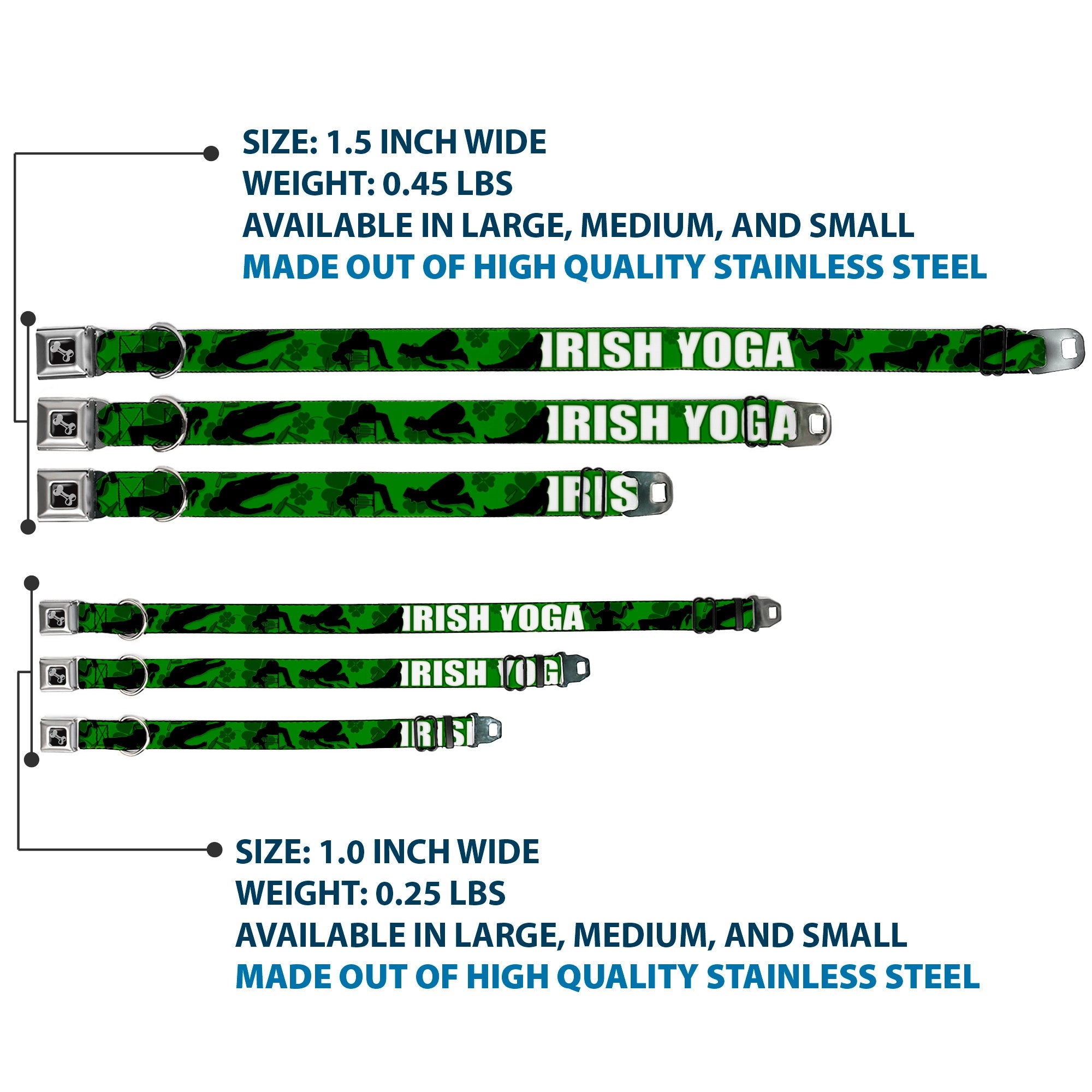 Buckle-Down Seatbelt Buckle Dog Collar - IRISH YOGA Poses/Clovers Greens/Black/White