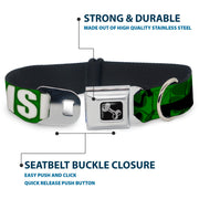 Buckle-Down Seatbelt Buckle Dog Collar - IRISH YOGA Poses/Clovers Greens/Black/White
