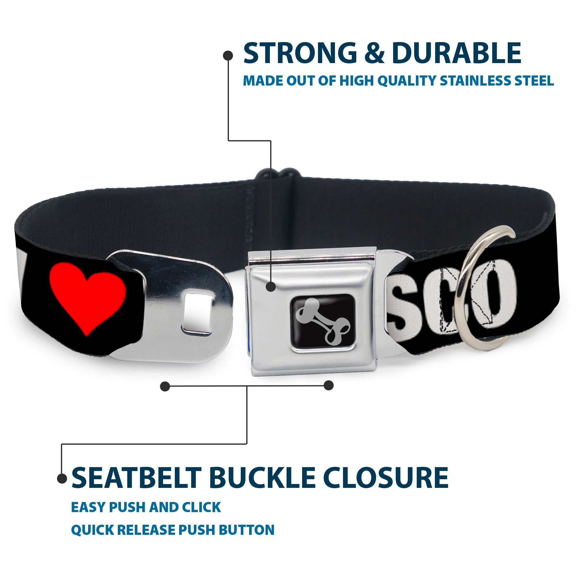 Dog Bone Seatbelt Buckle Collar - I "HEART" SAN FRANCISCO Black/White/Red