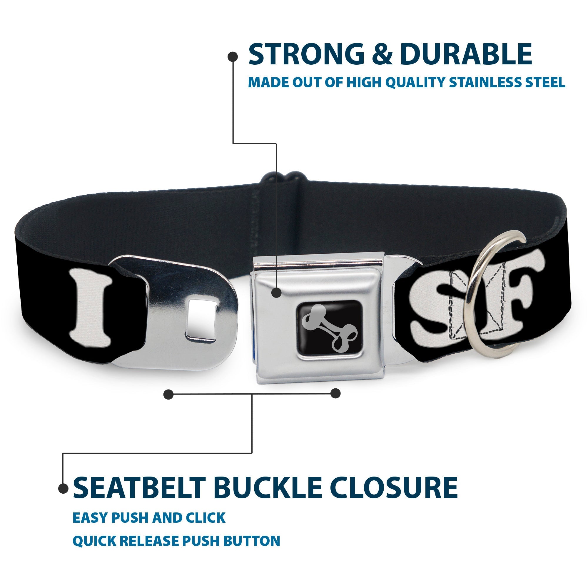 Dog Bone Seatbelt Buckle Collar - I "HEART BRIDGE" SF Black/White/Rainbow