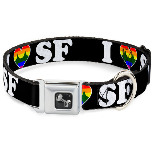 Dog Bone Seatbelt Buckle Collar - I "HEART BRIDGE" SF Black/White/Rainbow