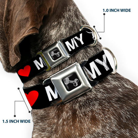 Dog Bone Seatbelt Buckle Collar - I "HEART" MY "WIENER" Dog Silhouette Black/White/Red