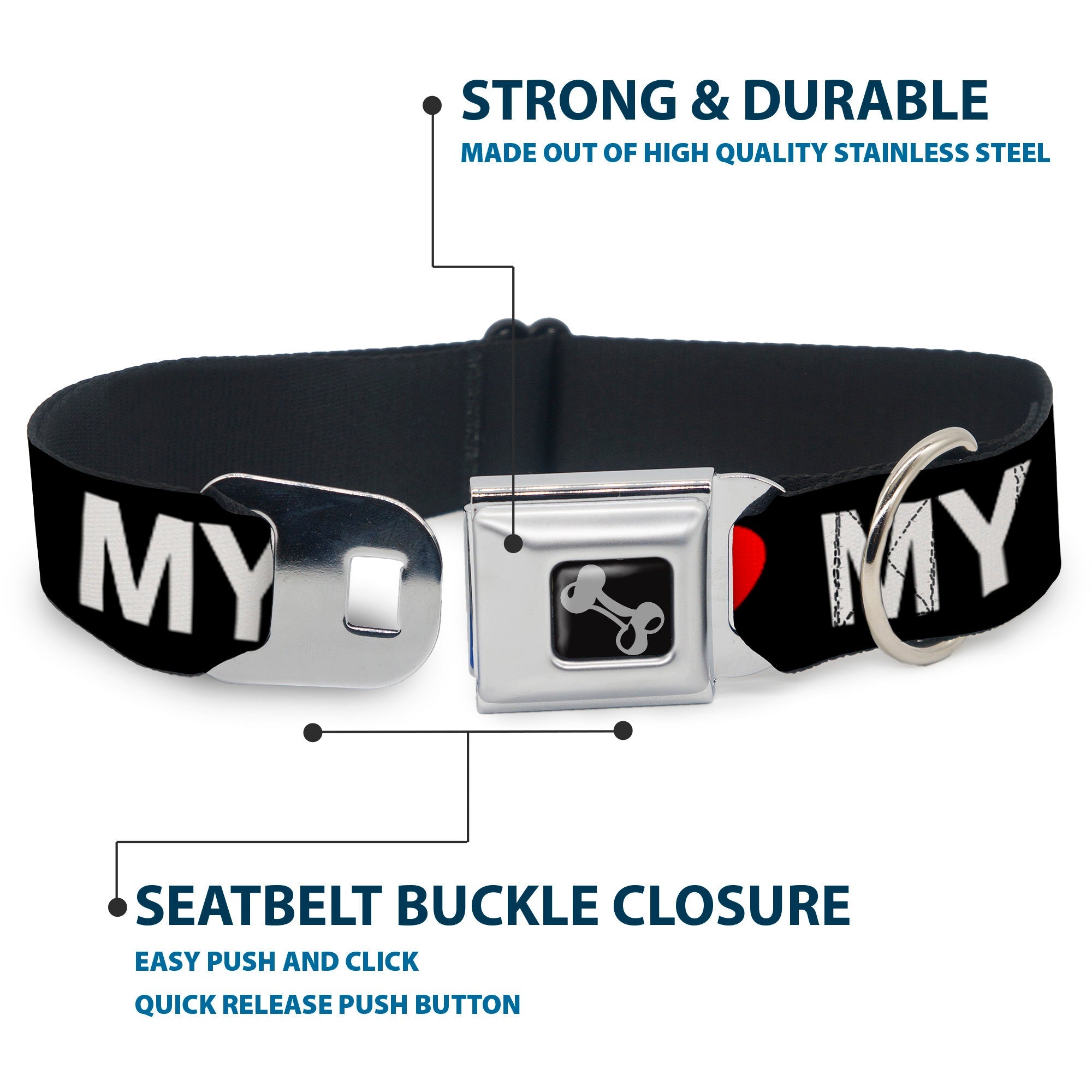 Dog Bone Seatbelt Buckle Collar - I "HEART" MY "WIENER" Dog Silhouette Black/White/Red
