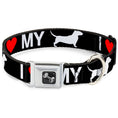 Load image into Gallery viewer, Dog Bone Seatbelt Buckle Collar - I "HEART" MY "WIENER" Dog Silhouette Black/White/Red
