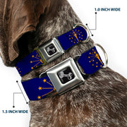 Dog Bone Black/Silver Seatbelt Buckle Collar - Indiana Flag/Torch CLOSE-UP Navy Blue/Gold