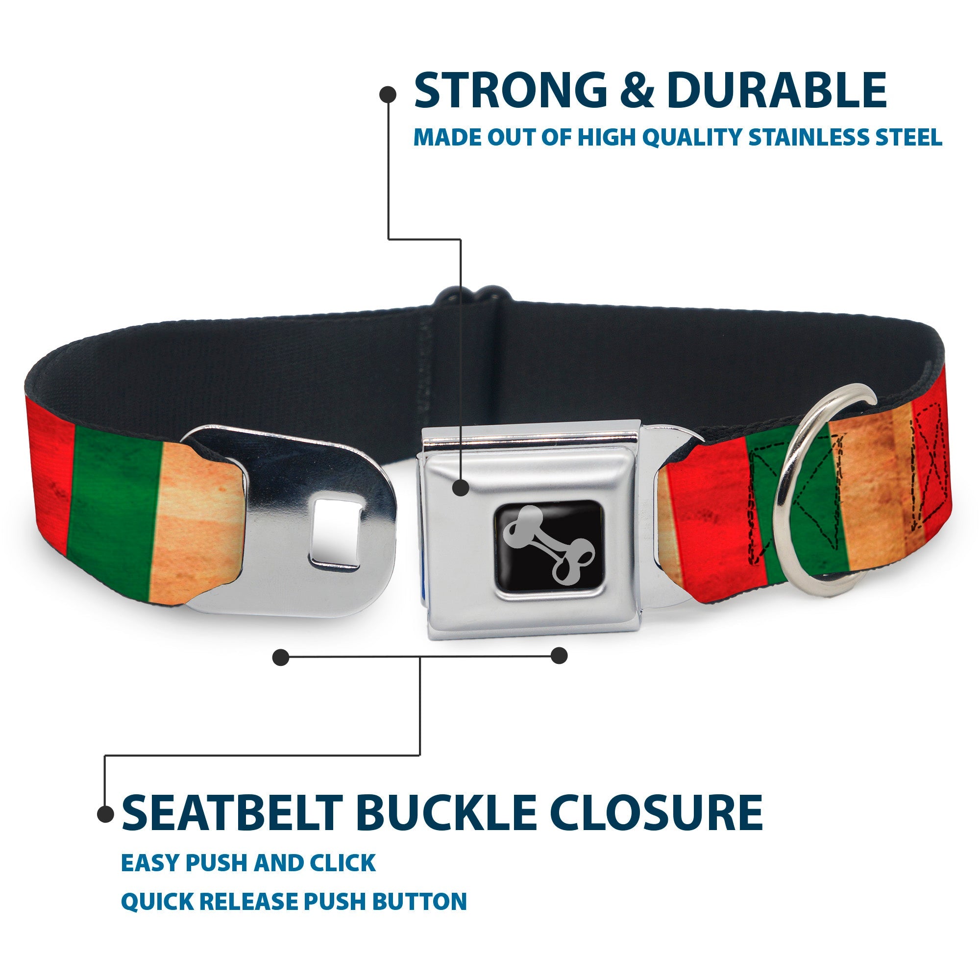 Dog Bone Black/Silver Seatbelt Buckle Collar - Italy Flag Continuous Vintage