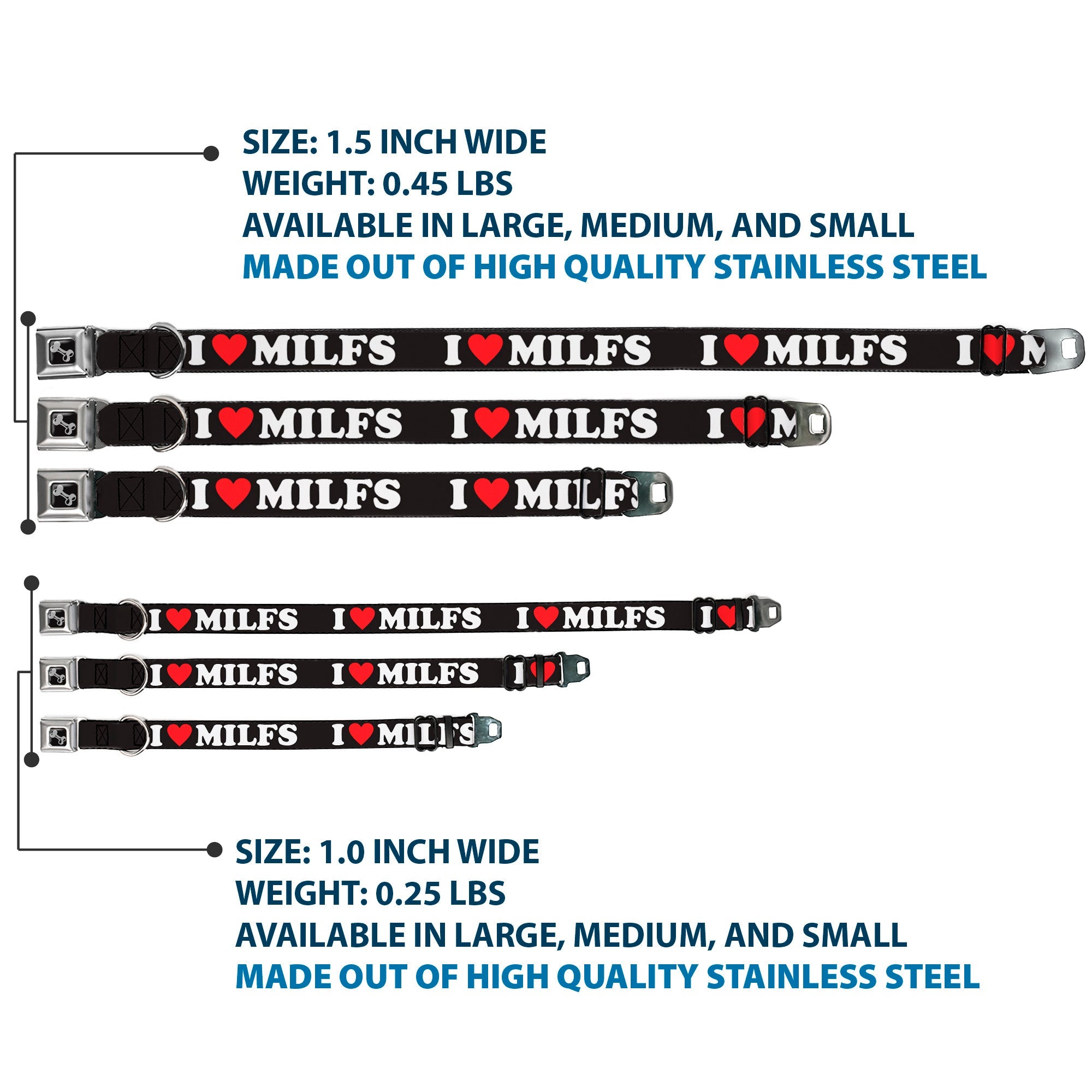 Dog Bone Black/Silver Seatbelt Buckle Collar - I "HEART" MILFS Black/White/Red