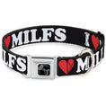 Load image into Gallery viewer, Dog Bone Black/Silver Seatbelt Buckle Collar - I "HEART" MILFS Black/White/Red
