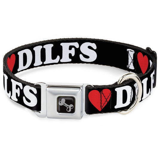 Dog Bone Black/Silver Seatbelt Buckle Collar - I "HEART" DILFS Black/White/Red