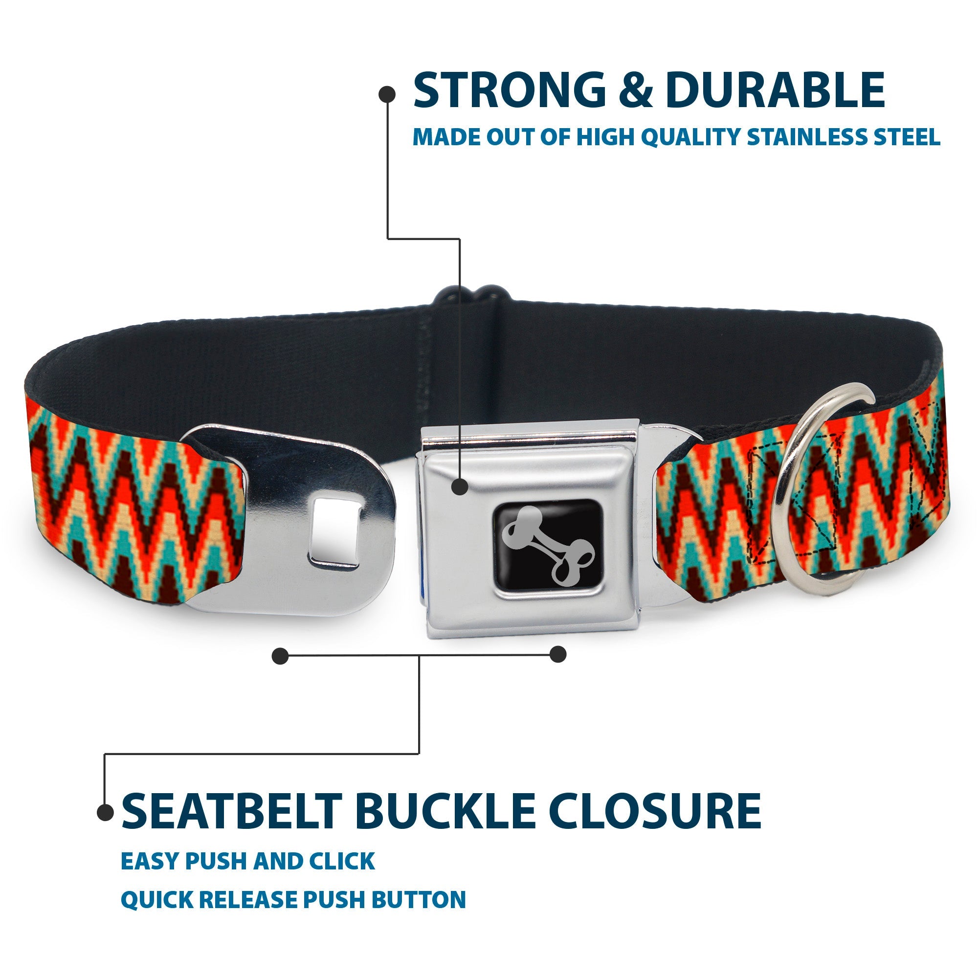 Dog Bone Seatbelt Buckle Collar - Jagged Zig Zag Brown/Aqua/Cream/Red