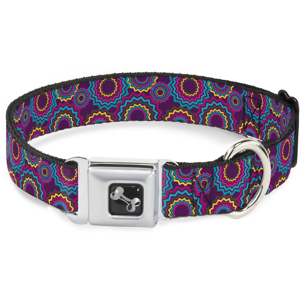 Dog Bone Seatbelt Buckle Collar - Jagged Rings Purples/Blues/Yellow