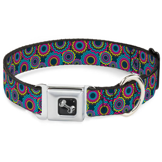 Dog Bone Seatbelt Buckle Collar - Jagged Rings Teals/Fuchsia/Yellow