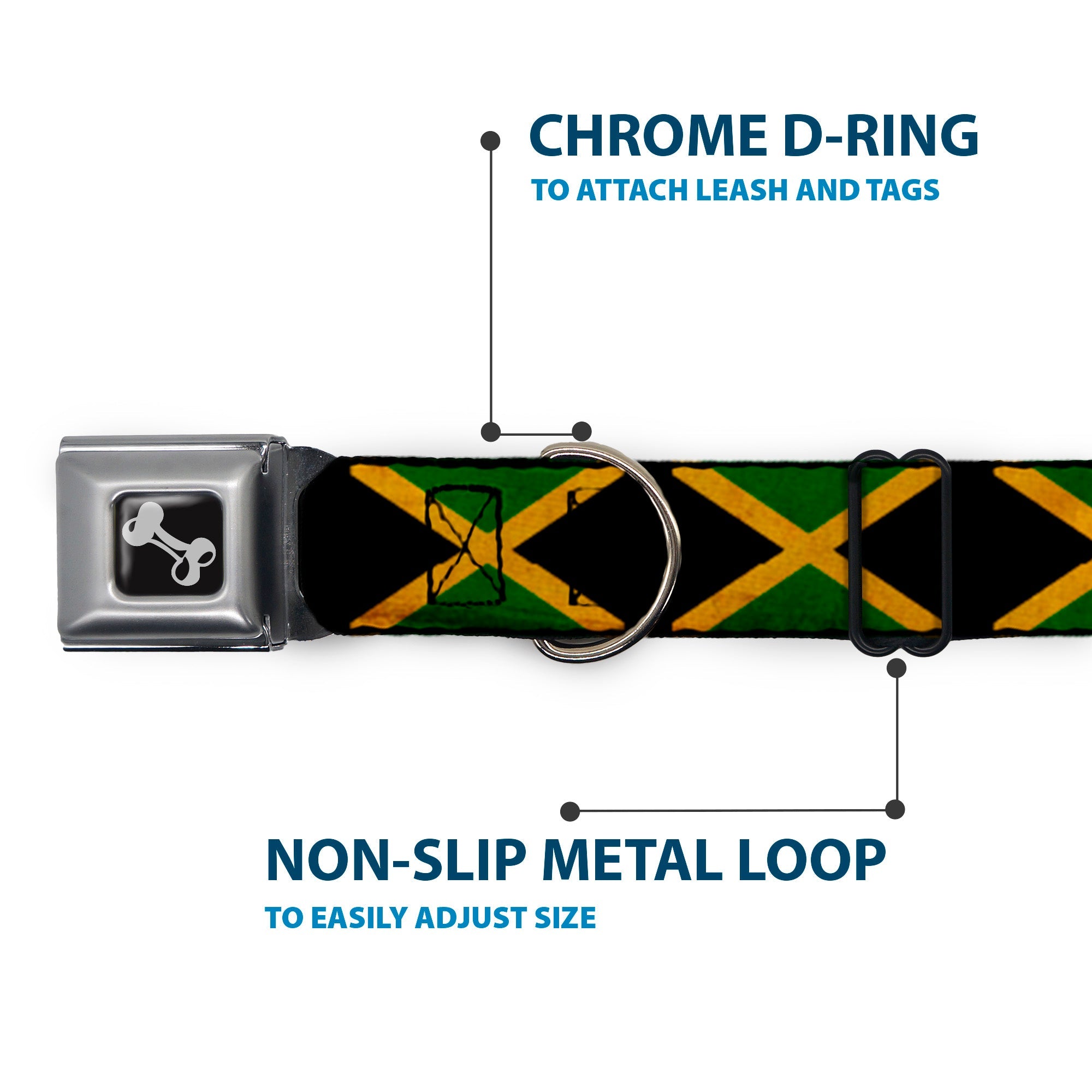 Dog Bone Seatbelt Buckle Collar - Jamaica Flags Vintage Black