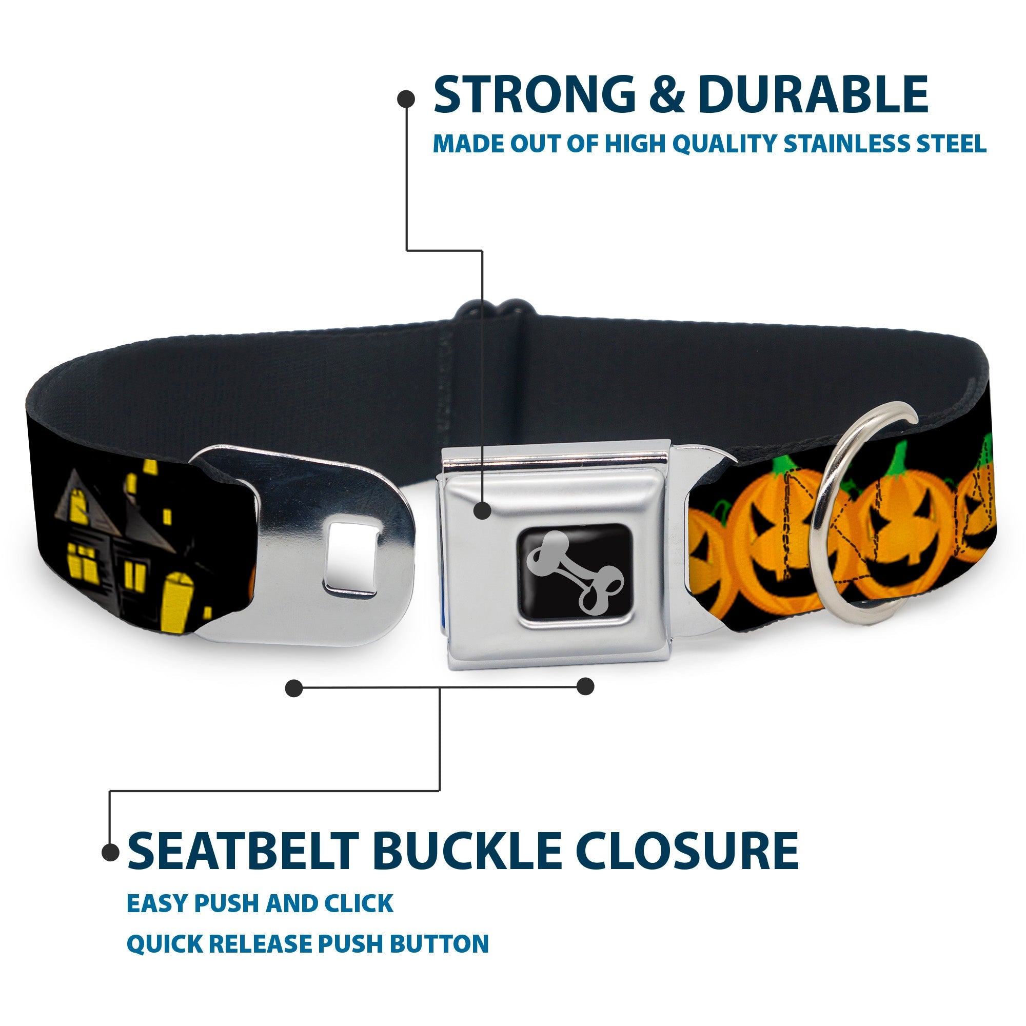 Dog Bone Seatbelt Buckle Collar - Jack-o'-Lanterns/Haunted House Black/Yellow