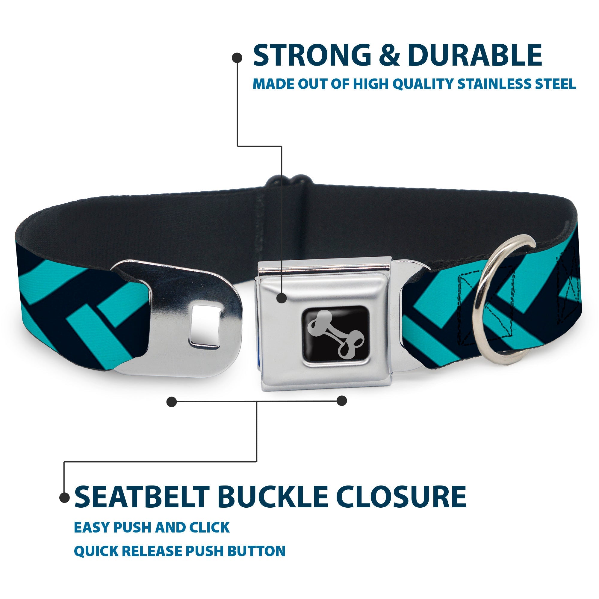 Dog Bone Seatbelt Buckle Collar - Jagged Chevron Navy/Turquoise