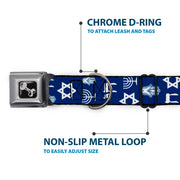 Dog Bone Seatbelt Buckle Collar - Jewish Symbols-4 Blue/White