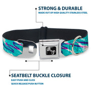 Dog Bone Black/Silver Seatbelt Buckle Collar - Jazzy Wave Scribble White/Teal/Purple