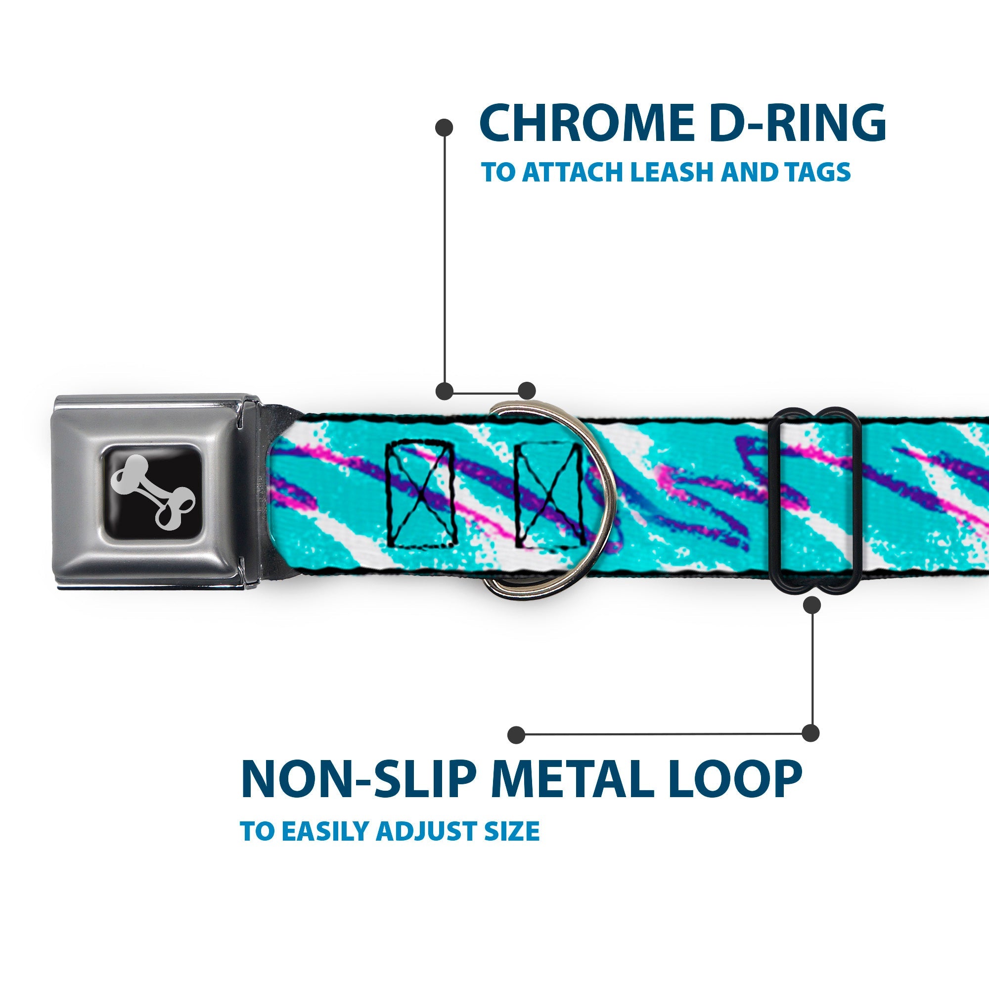 Dog Bone Black/Silver Seatbelt Buckle Collar - Jazzy Wave Scribble White/Teal/Purple