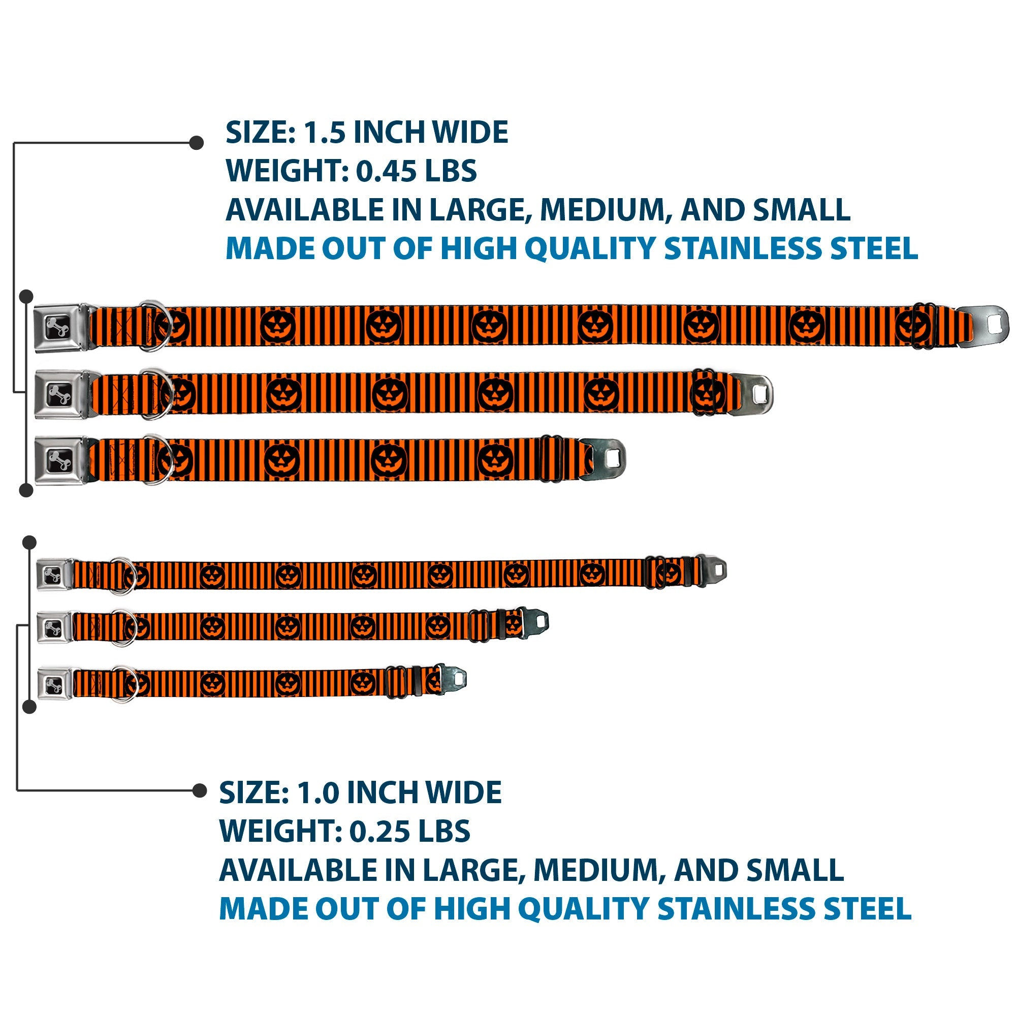 Dog Bone Black/Silver Seatbelt Buckle Collar - Jack-o'-Lantern Pumpkin Stripe Orange/Black