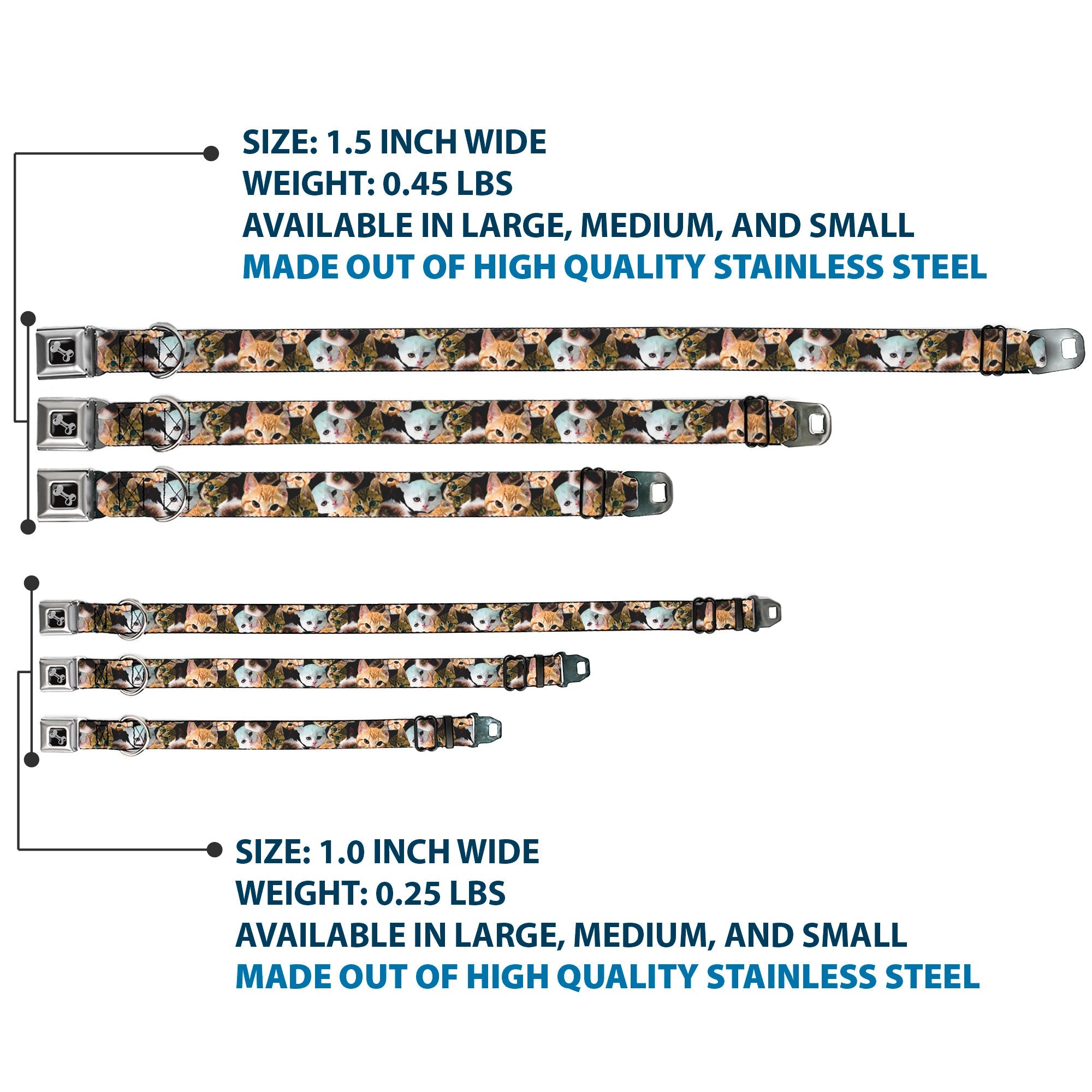 Dog Bone Seatbelt Buckle Collar - Kitten Faces Scattered Black