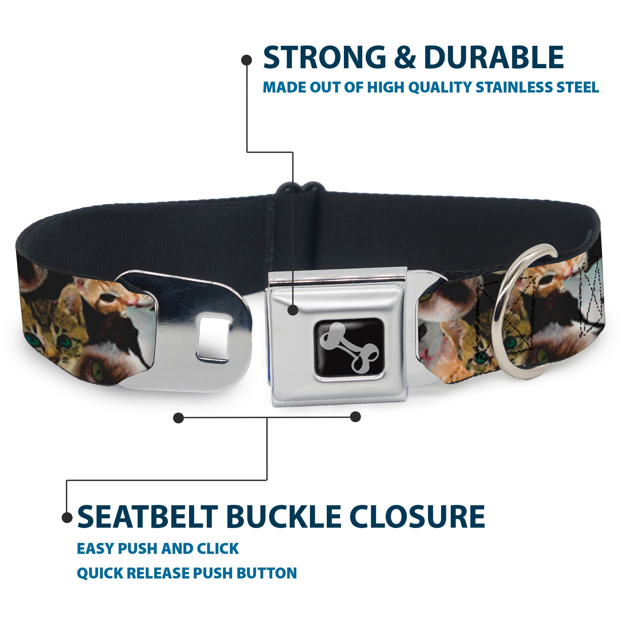 Dog Bone Seatbelt Buckle Collar - Kitten Faces Scattered Black
