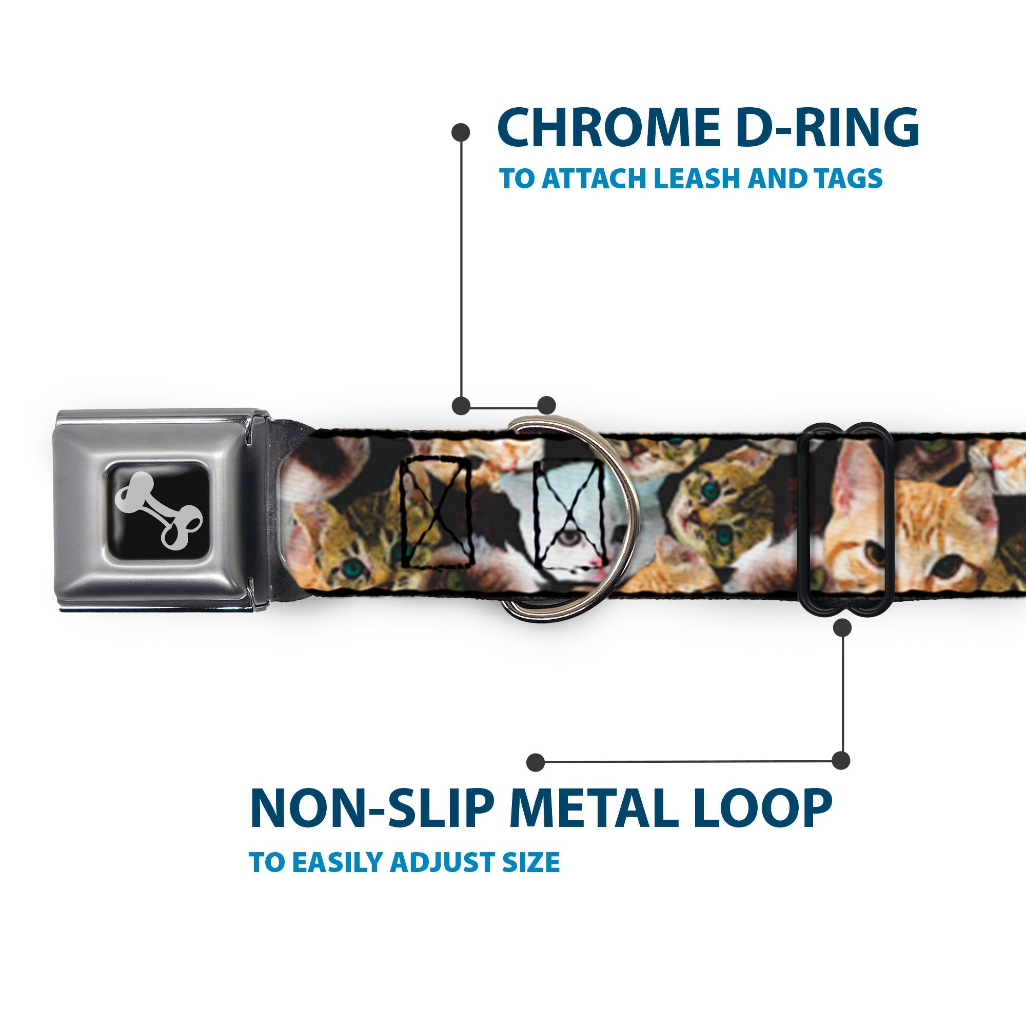 Dog Bone Seatbelt Buckle Collar - Kitten Faces Scattered Black