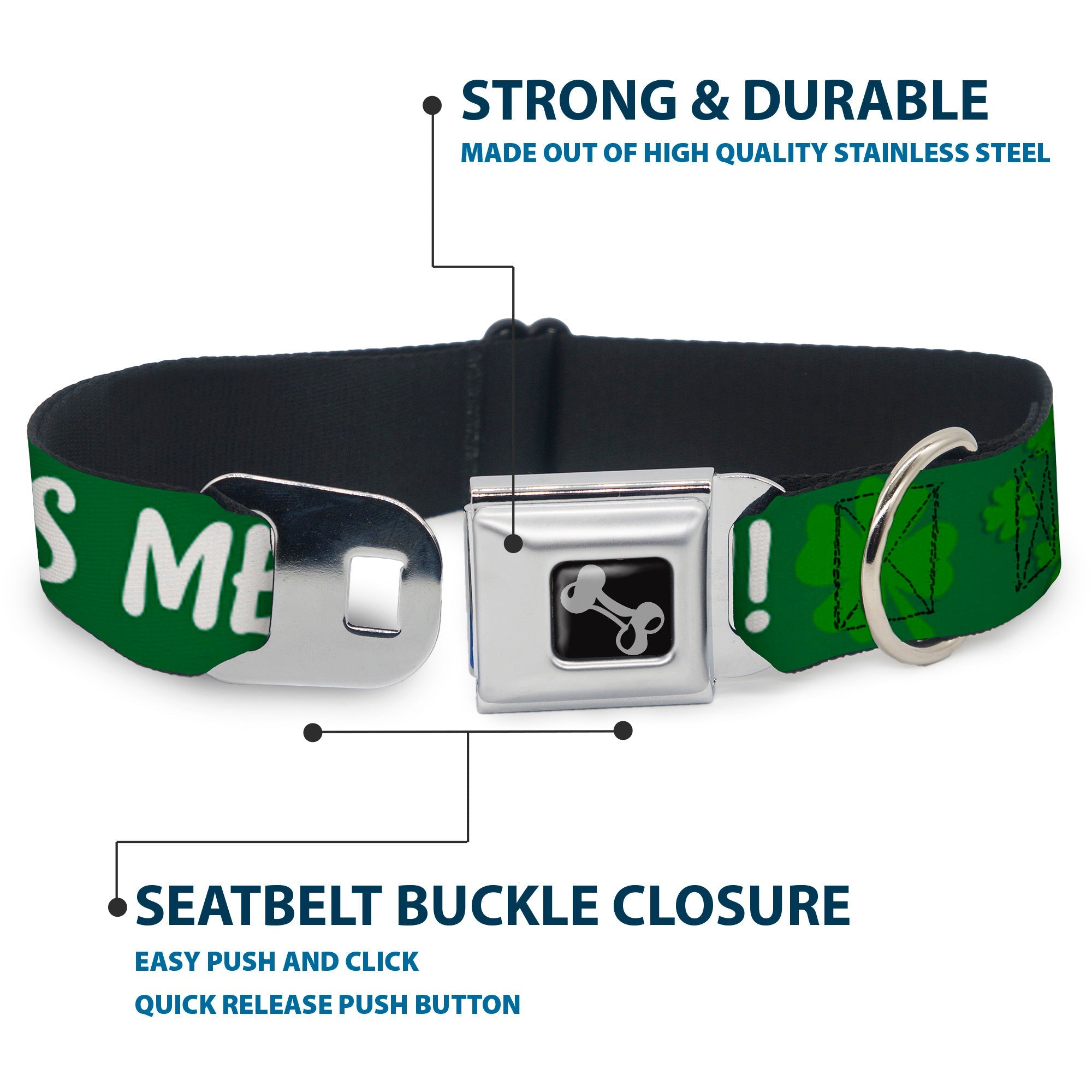Dog Bone Seatbelt Buckle Collar - KISS ME, I'M IRISH! Clovers Green/White
