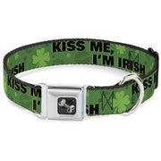 Dog Bone Seatbelt Buckle Collar - KISS ME, I'M IRISH! Clovers/Kisses Greens/Black