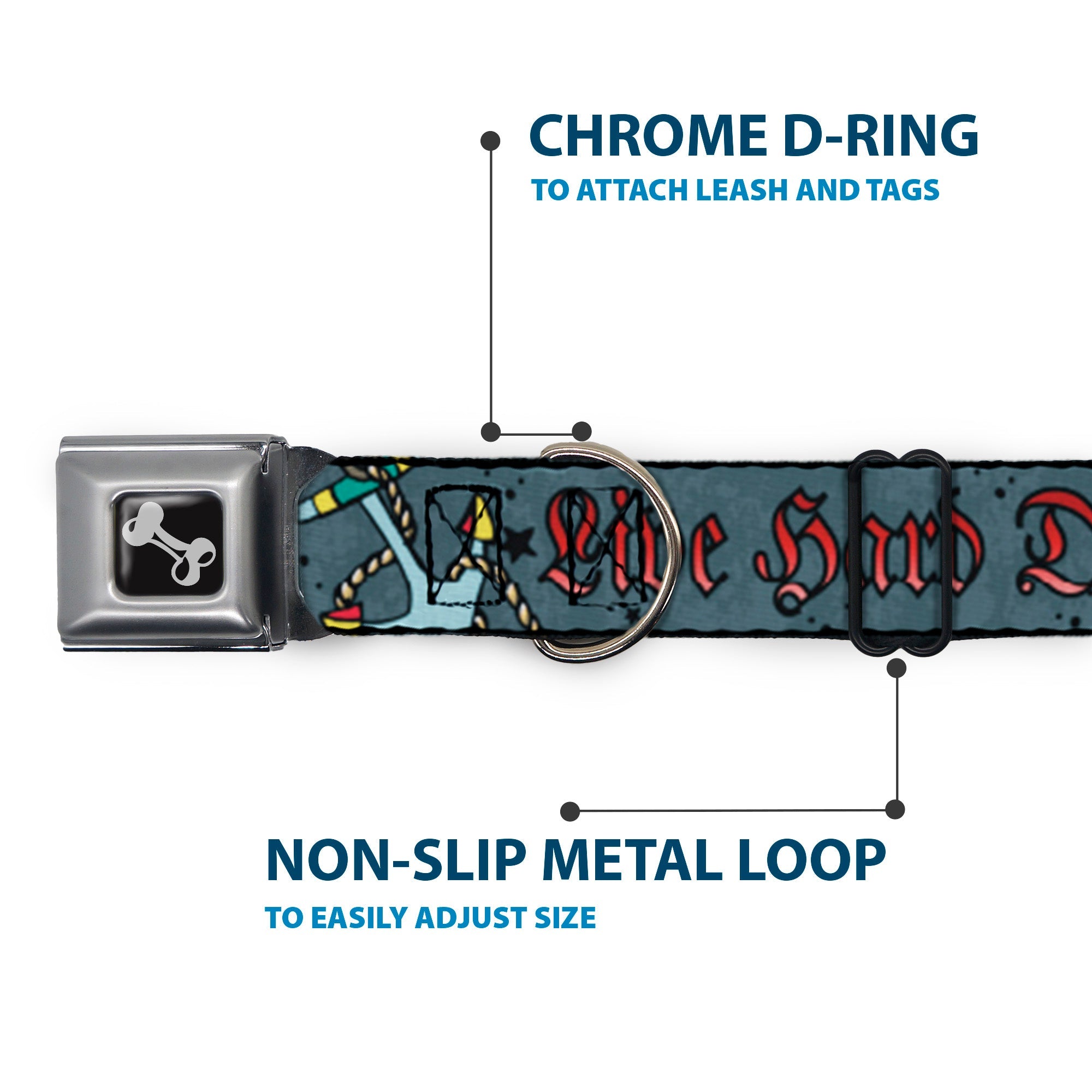 Dog Bone Seatbelt Buckle Collar - Live Hard Die Young Gray