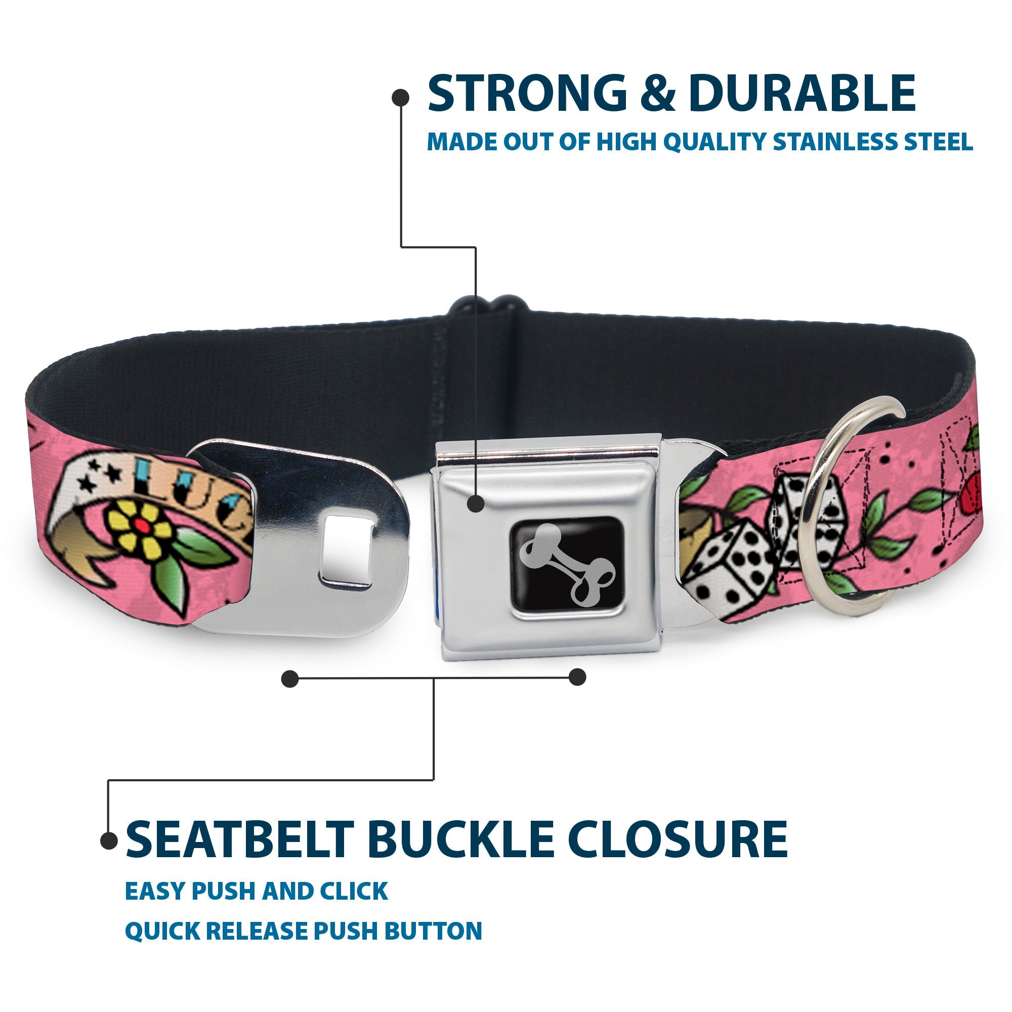 Dog Bone Seatbelt Buckle Collar - Lucky Pink