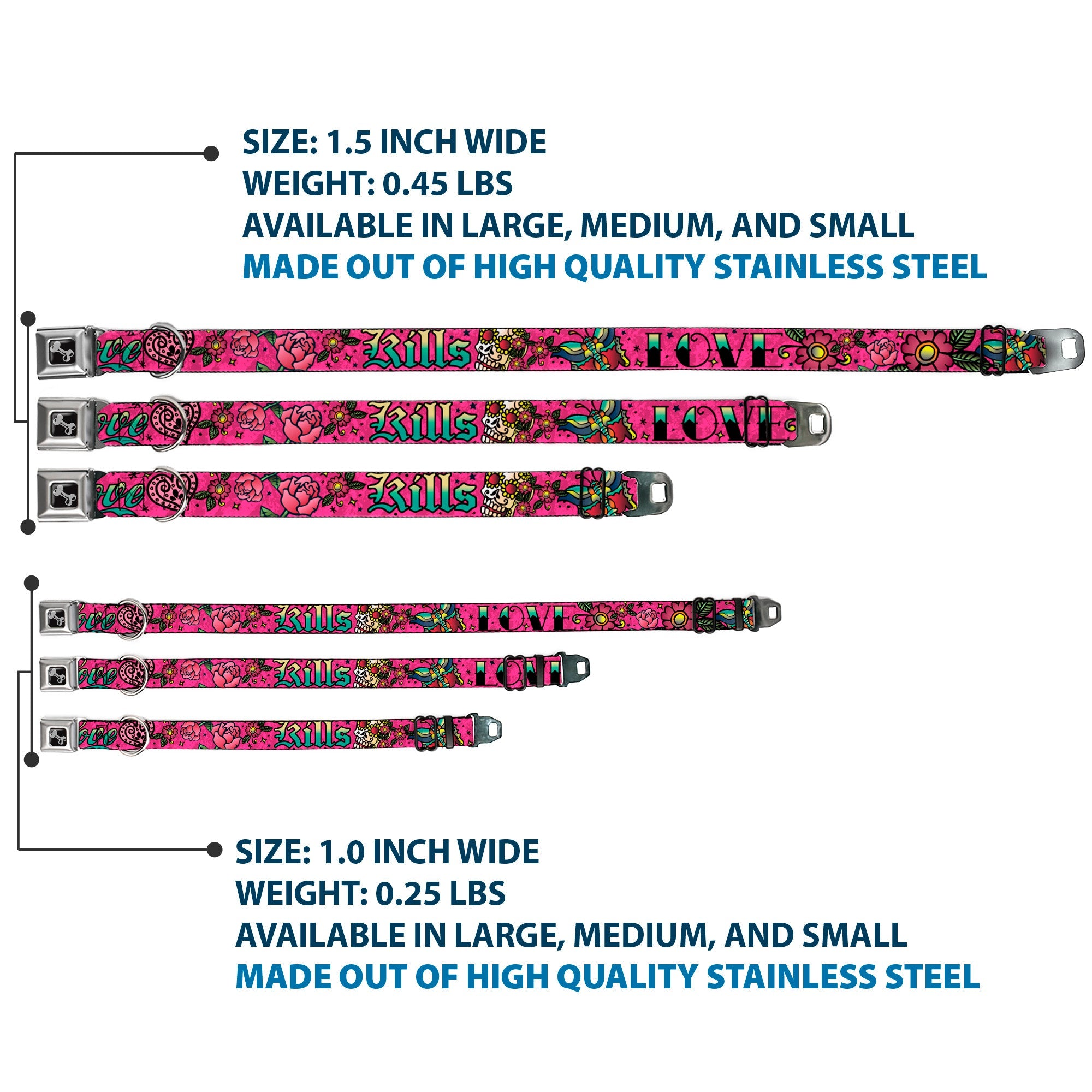 Dog Bone Seatbelt Buckle Collar - Love Kills Pink