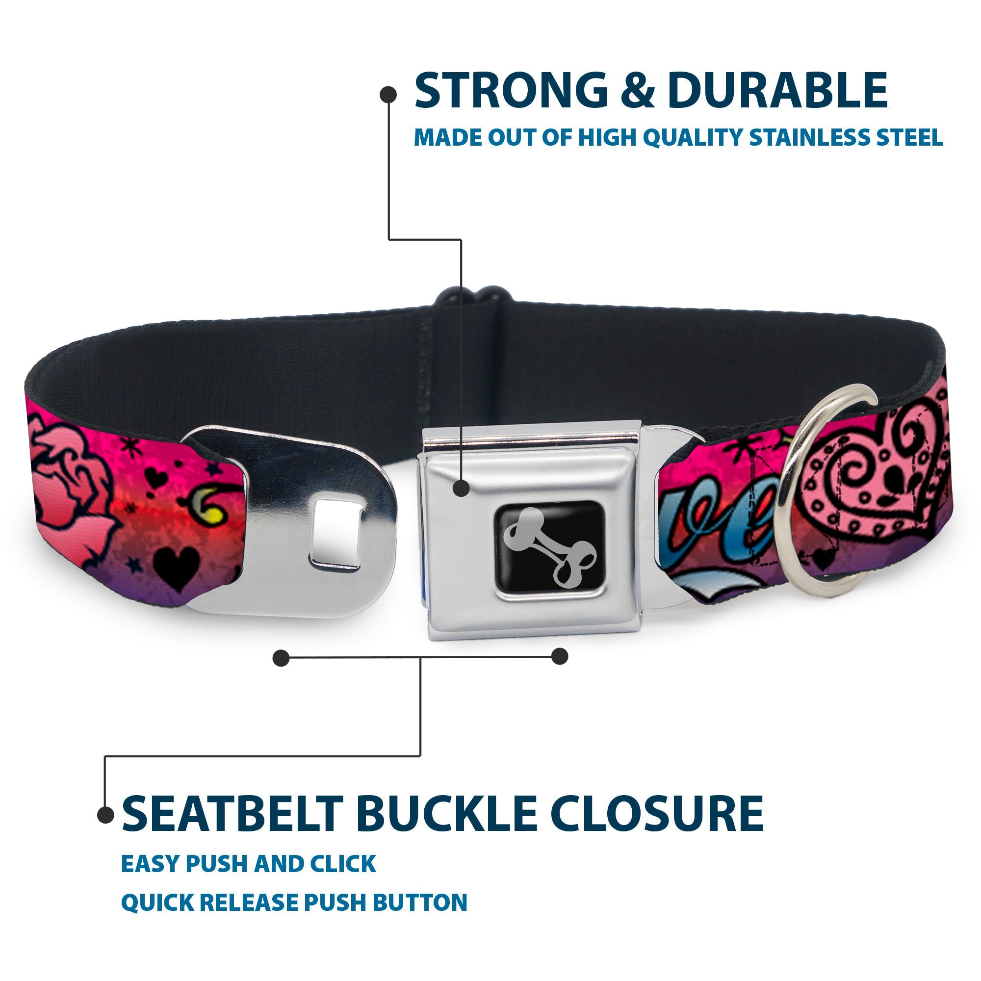 Dog Bone Seatbelt Buckle Collar - Love Love Pink