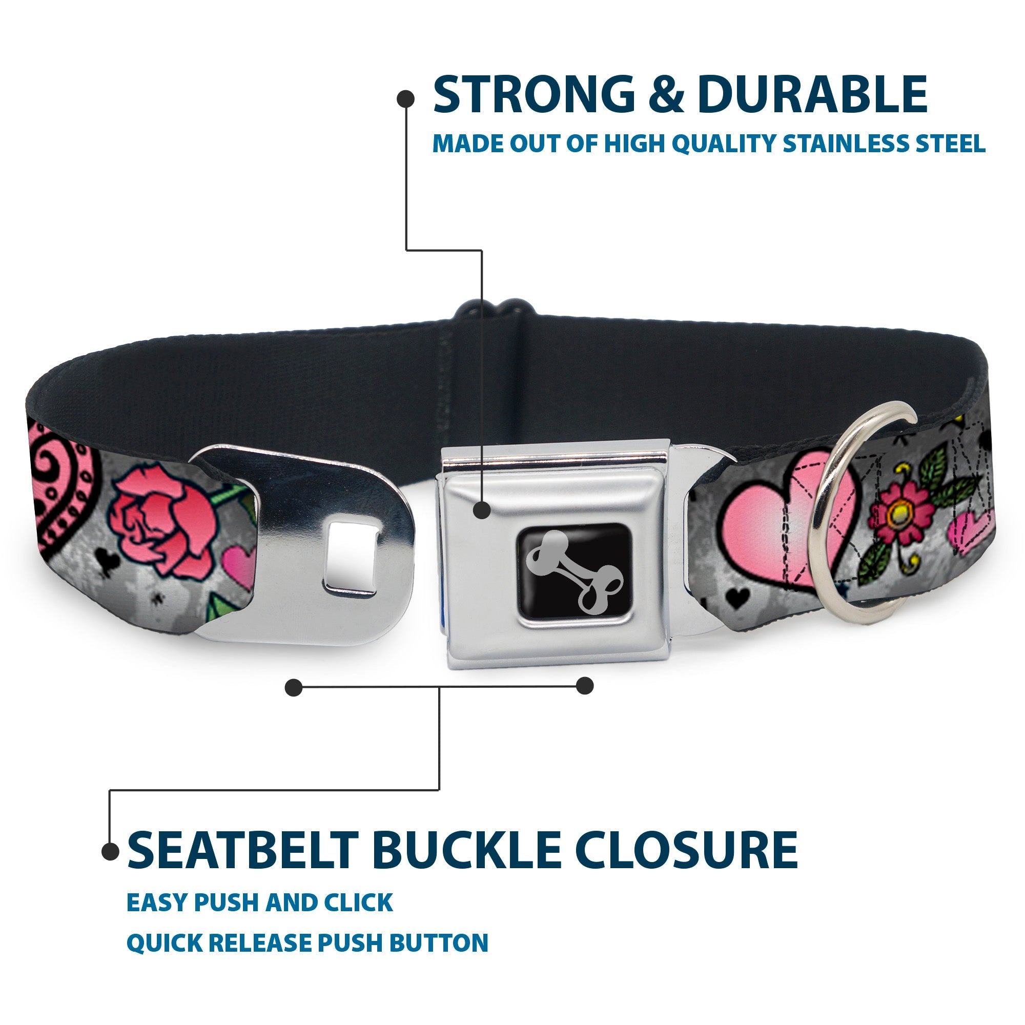 Dog Bone Seatbelt Buckle Collar - Love Love Gray