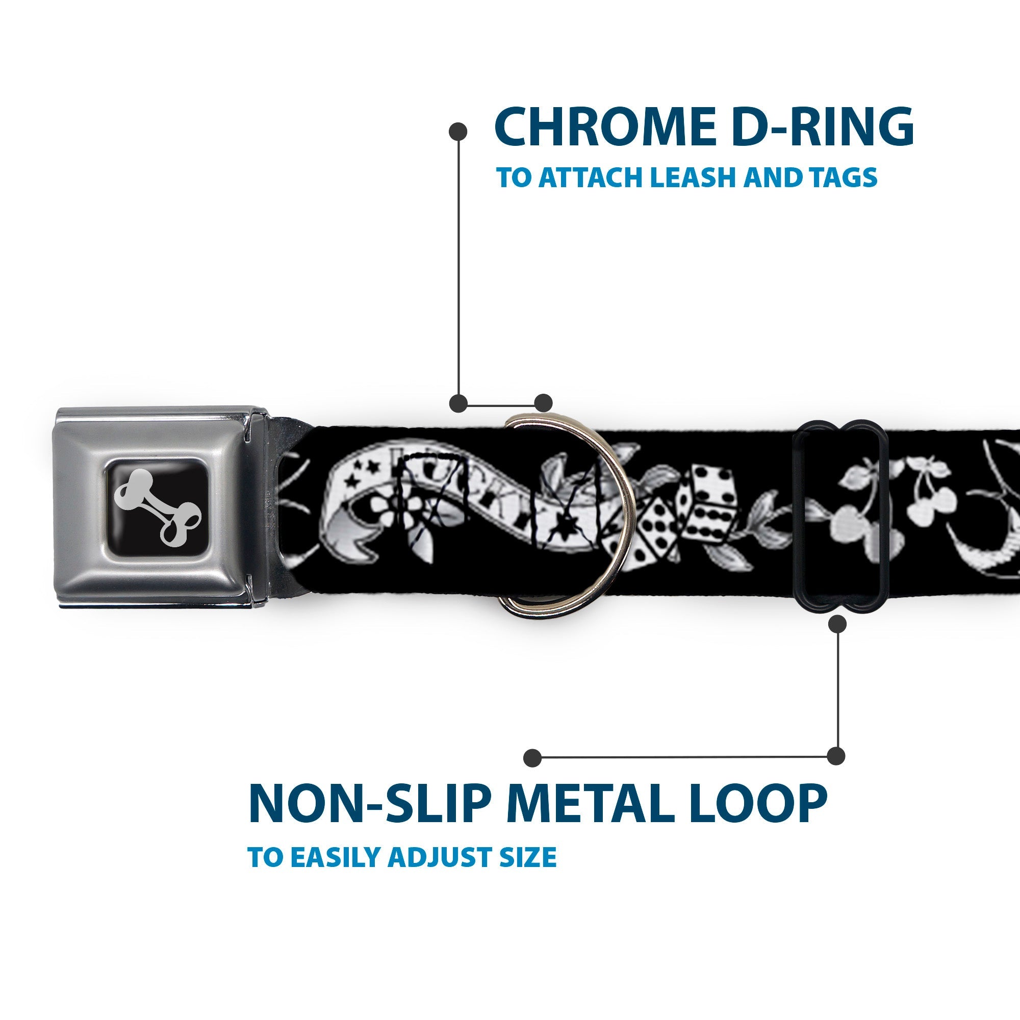 Dog Bone Seatbelt Buckle Collar - Lucky Black/White