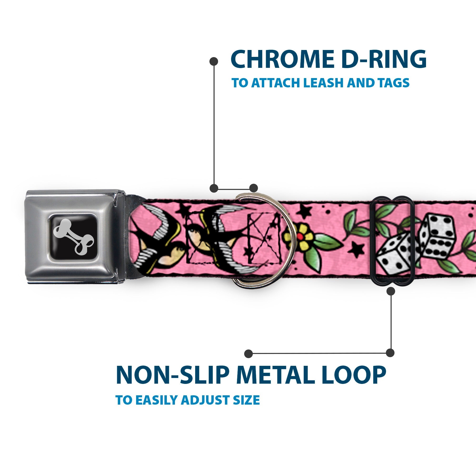 Dog Bone Seatbelt Buckle Collar - Lucky CLOSE-UP Pink