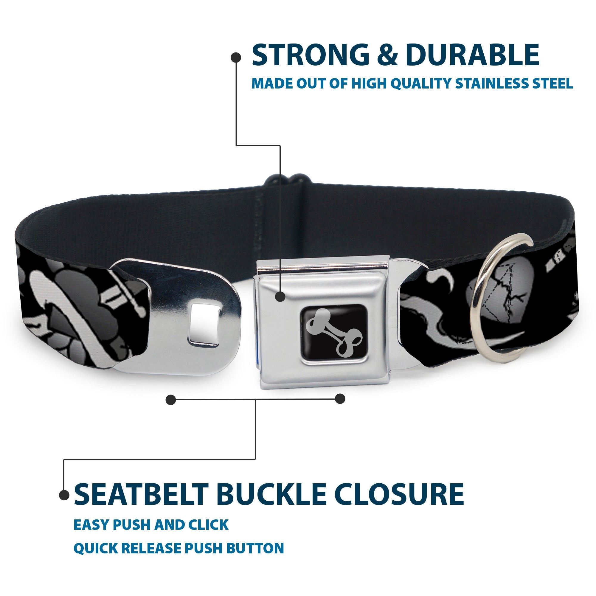 Dog Bone Seatbelt Buckle Collar - Live Hard Die Young Black/White
