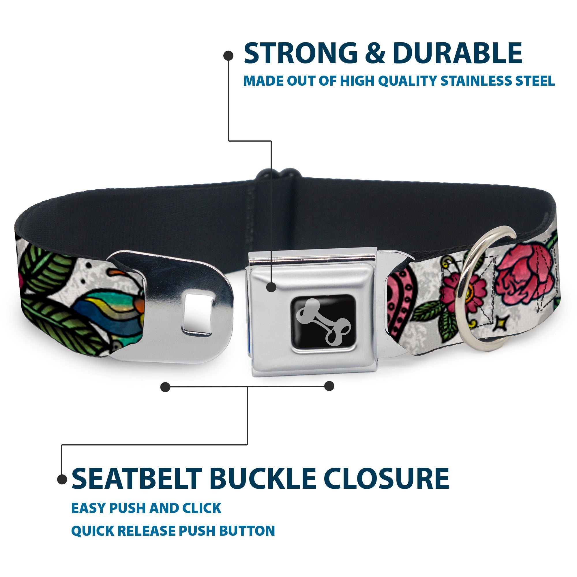 Dog Bone Seatbelt Buckle Collar - Love Kills CLOSE-UP White