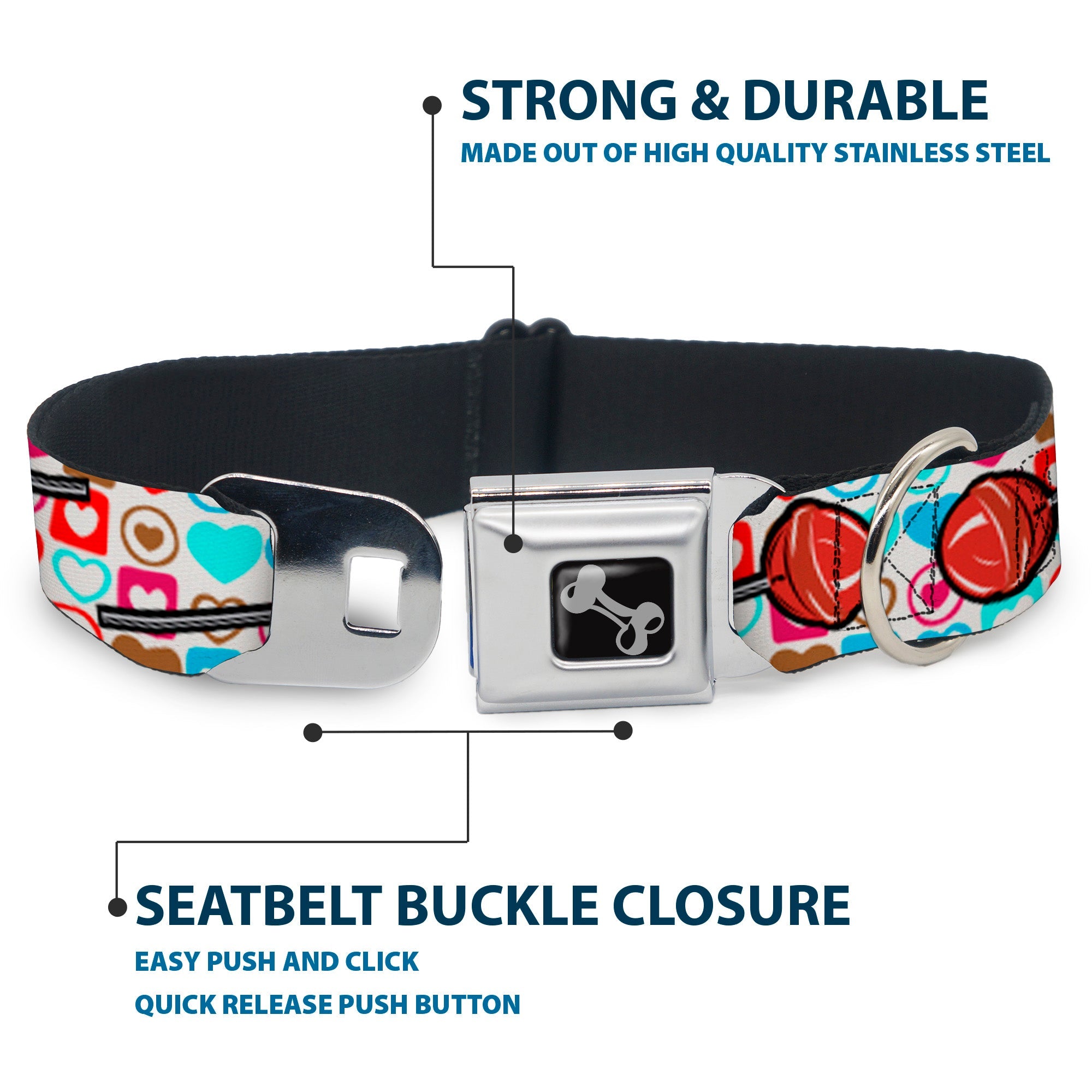 Dog Bone Seatbelt Buckle Collar - Lollipop Hearts White