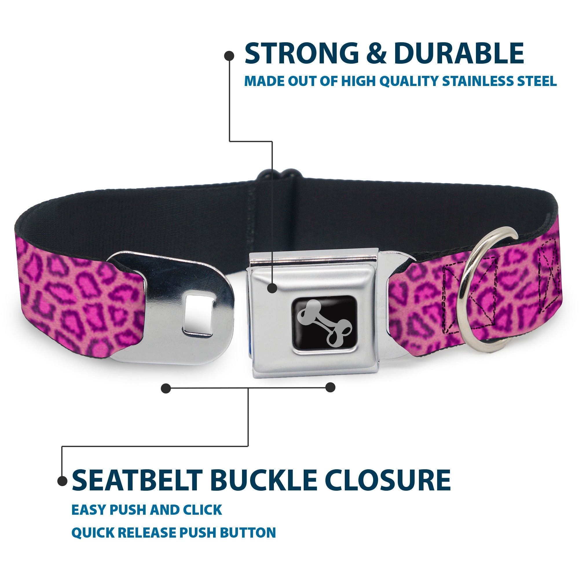 Dog Bone Seatbelt Buckle Collar - Leopard Baby Pink