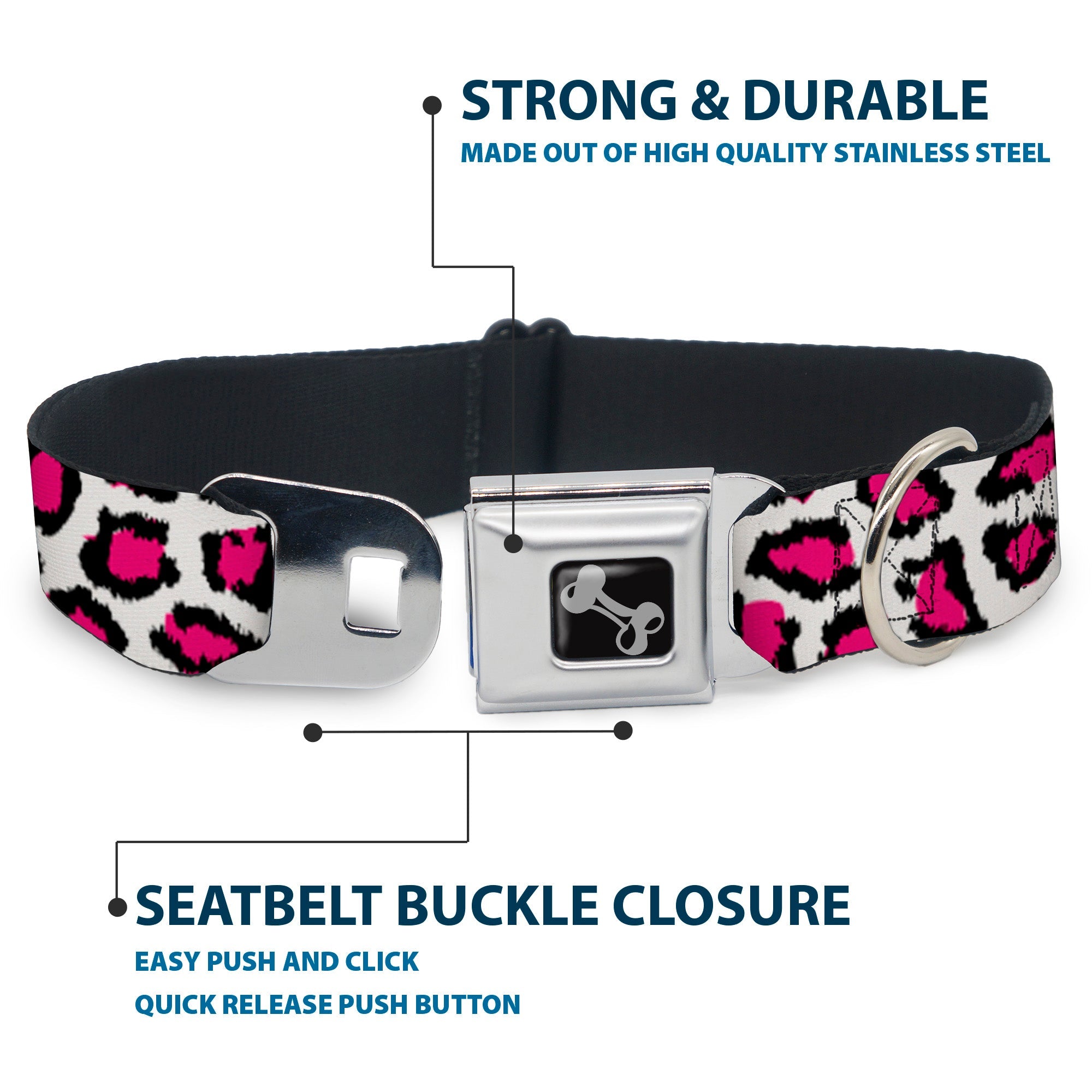 Dog Bone Seatbelt Buckle Collar - Leopard White/Fuchsia