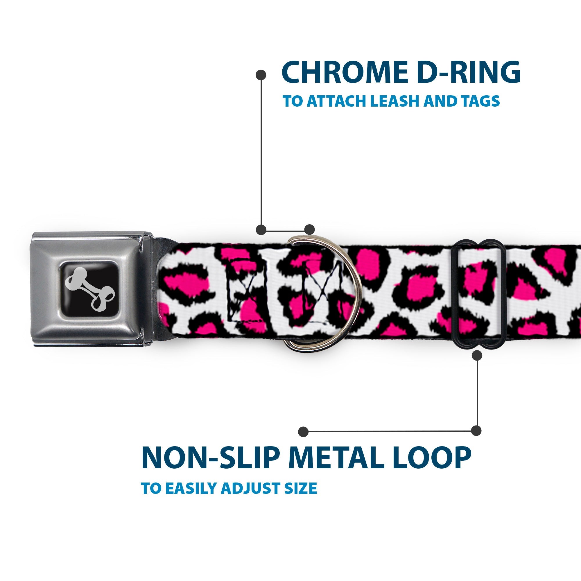 Dog Bone Seatbelt Buckle Collar - Leopard White/Fuchsia