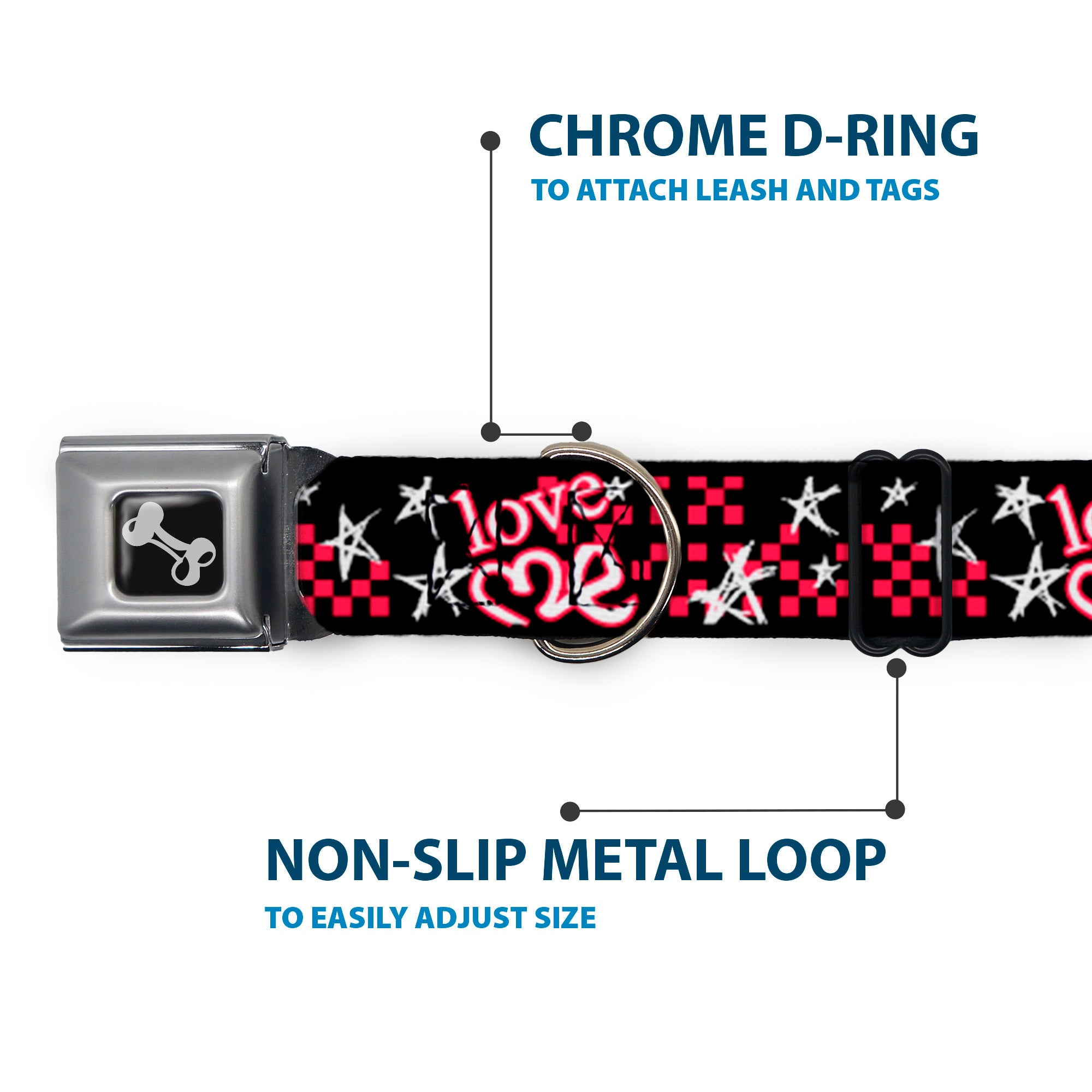 Dog Bone Seatbelt Buckle Collar - Love Me w/Sketch Stars & Checkers Black/Fuchsia/White