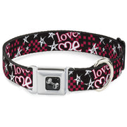 Dog Bone Seatbelt Buckle Collar - Love Me w/Sketch Stars & Checkers Black/Fuchsia/White