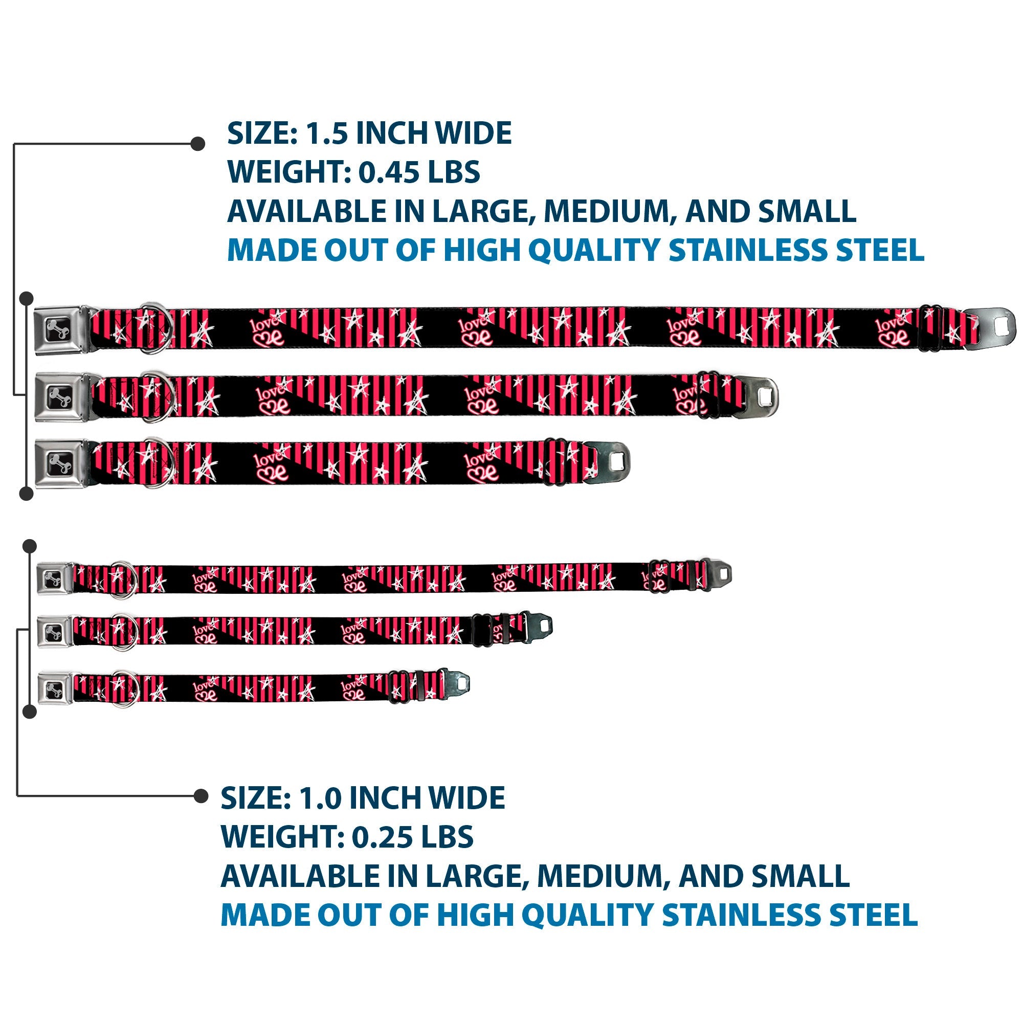 Dog Bone Seatbelt Buckle Collar - Love Me w/Sketch Stars & Stripes Black/Fuchsia/White