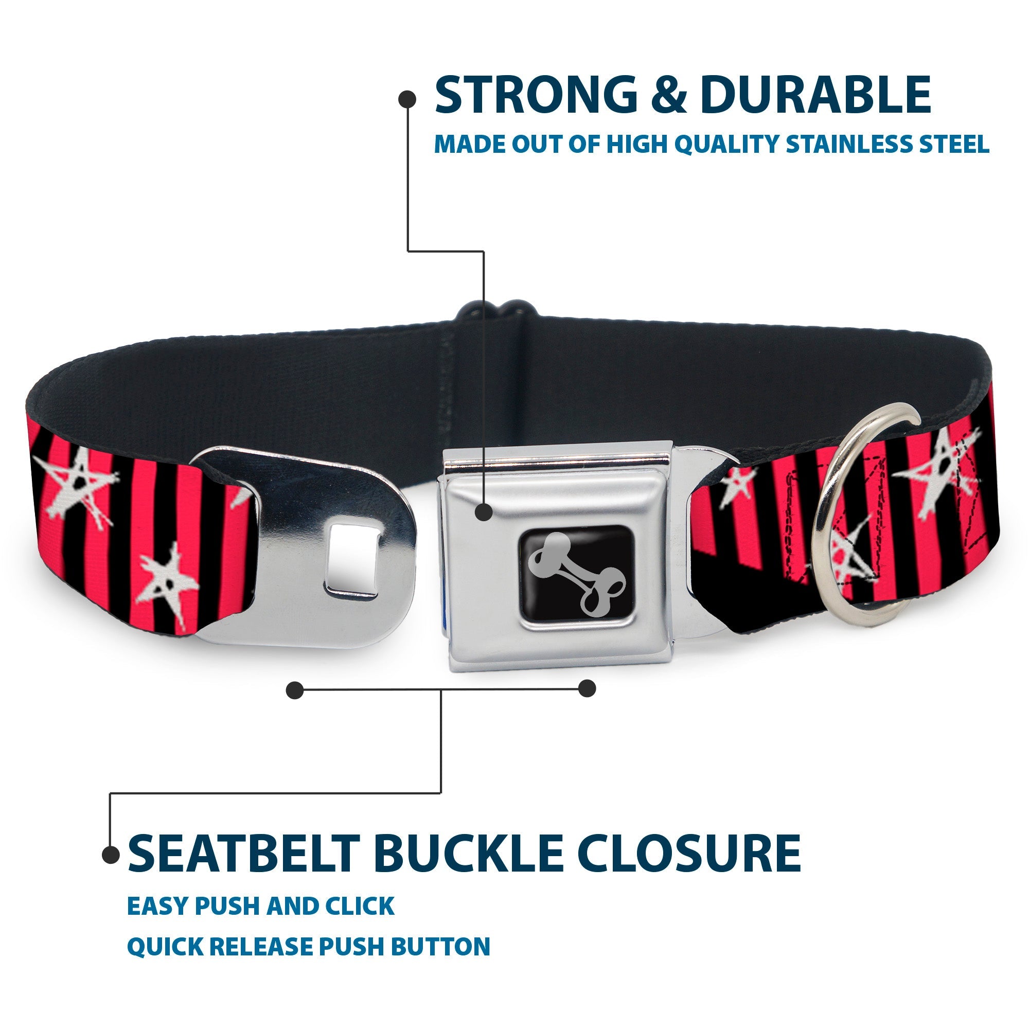 Dog Bone Seatbelt Buckle Collar - Love Me w/Sketch Stars & Stripes Black/Fuchsia/White