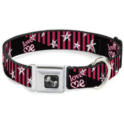 Dog Bone Seatbelt Buckle Collar - Love Me w/Sketch Stars & Stripes Black/Fuchsia/White